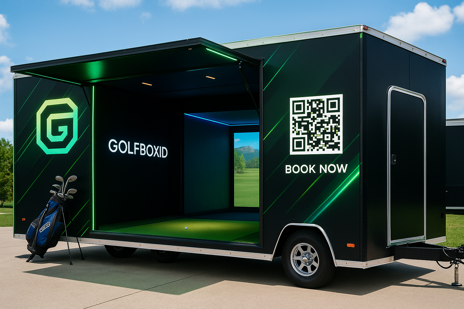 Golf simulator screen and hitting bay inside the trailer